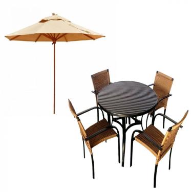 Imagem de Kit 4 Cadeiras e Mesa com Tampo Ripado em Alumínio e Ombrelone para Piscina, Jardim, Edícula, Área - Trama