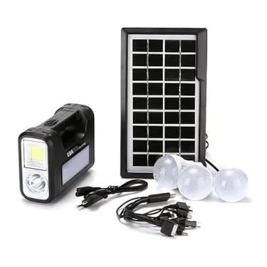 Imagem de Kit Placa Solar Portátil com Lanterna, 3 Lâmpadas LED, Ideal para Camping, Pesca, Atividades ao Ar Livre. Com opção de carregamento no painel solar ou na energia elétrica.