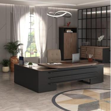 Imagem de Kit 3 Peças com Mesa para Escritório Presidente, Balcão para Escritório e Armário Multiuso Alto em Tamburato Charuto/Preto