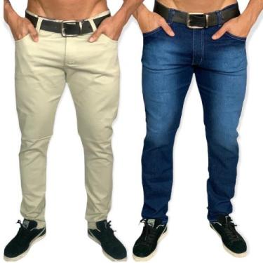 Imagem de Kit 2 Calças sarja masculino slim reta cores variadas - sky jeans, Cre