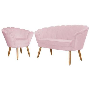 Imagem de Kit Namoradeira + 1 Poltrona Decorativa Pétala Suede Rosa Bebê Pés Mad