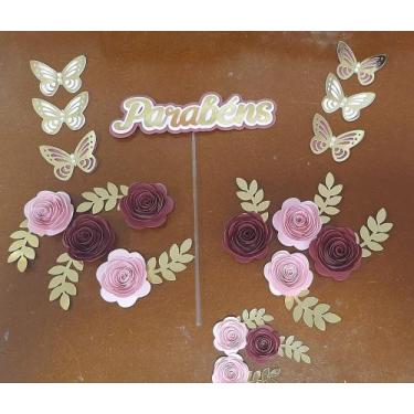 Imagem de Topo de Bolo Aniversário Flores Parabéns Rosa e Marsala - miwl art