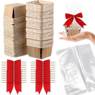 Imagem de Kigley Conjunto de 24 cestas de presente pequenas de madeira vazias de 10 cm para casamento, imitação de arcos de juta, conjunto de sacolas transparentes para festas, colheita de frutas, decorações de