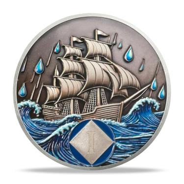 Imagem de Moeda de sobriedade NA de 1 ano - Medalhões NA com navio à vela e fichas de sobriedade do oceano NA Coins - Presentes ideais de narcóticos anônimos para homens e mulheres celebrando a recuperação e
