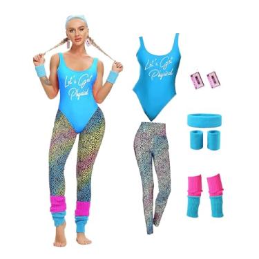 Imagem de MIAIULIA Roupa de treino feminina dos anos 80 com collant, leggings, polainas, envoltório de cabeça, brinco Let's Get Physical azul, G