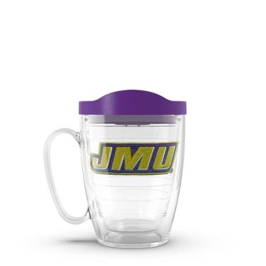 Imagem de Tervis Copo isolado com logotipo principal James Madison Dukes com emblema e tampa roxa real, caneca de 473 ml, transparente