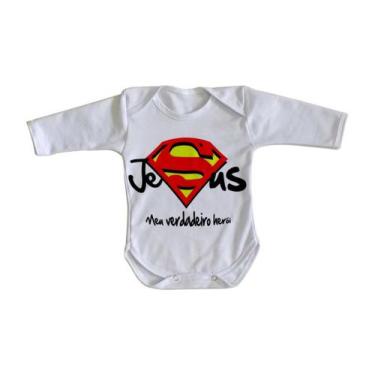 Imagem de body nenê criança roupa bebê manga longa Jesus verdadeiro Herói - Empó