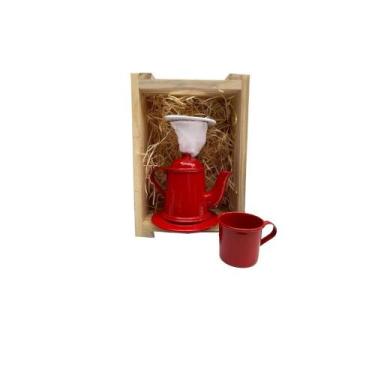 Imagem de Bule + Caneca Cafe Vermelh Individual caixa Madeira Presente - Giovann