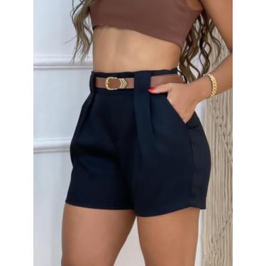 Imagem de Shorts bermudas feminina alfaiataria preto com cinto e bolsos laterais