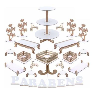 Imagem de Kit Festa Mdf Branco - Torre De Doces Redonda - 28 Peças - Maxdecor De