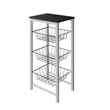 Imagem de Fruteira de Chão Cozinha Montada Aço Branco Tampo Preto Cesto Preto Ro