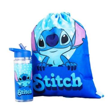 Imagem de Garrafa Plástico 450 ml Mochila Sacola Stitch Aloha Disney