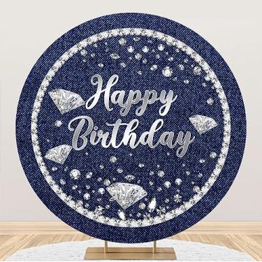 Imagem de DORCEV 2,2 x 2,2 m azul jeans feliz aniversário capa de fundo redondo brilhante diamantes decoração jeans adereços meninas mulheres aniversário fotografia pano de fundo crianças adultos decorações de