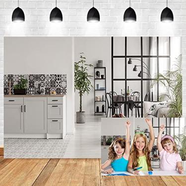 Imagem de OERJU 2,1 x 1,5 m moderno aconchegante sala de estar fotografia pano de fundo limpo e arrumado sofá aberto cozinha fundo trabalho em casa videoconferência estilo nórdico papel de parede doméstico