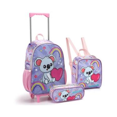 Imagem de Kit Mochila Rodinha Lancheira Estojo Animais Bichinhos - Seanite, Roxo