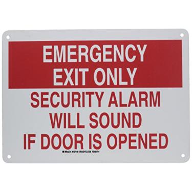 Imagem de Brady 127168 Placa de segurança contra incêndio, legenda "Apenas saída de emergência alarme de segurança soará se a porta for aberta", 25,4 cm de altura, 35,5 cm de largura, vermelho sobre branco