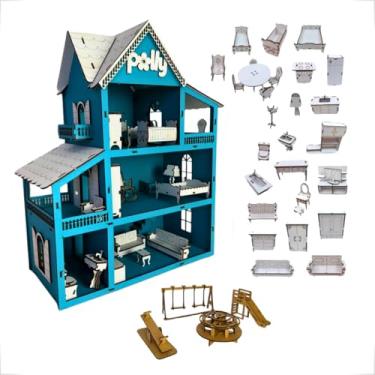 Imagem de Casa De Boneca Infantil Brinquedo Azul Casinha Dos Sonhos Mdf Pintado Com 30 Mini Móveis + Parquinho