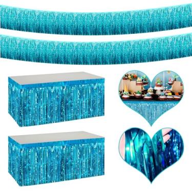 Imagem de Saias de mesa com franja metálica 4P para mesas retangulares pano de fundo de tinsel banner cortinas de guirlanda para desfile, boias de casamento, formatura, aniversário, decoração de festas de