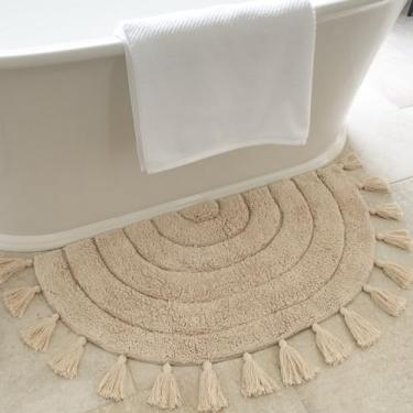 Imagem de Lindo tapete Boho com borlas para o seu banheiro - Tapete macio 100% algodão meio círculo se encaixa perfeitamente em sua casa - um tapete de crochê fofo, antiderrapante e absorvente, ideal para
