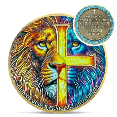 Imagem de Moeda do Desafio Cristão Leão de Judá - Rara Josué 1:9 Moedas Religiosas Jesus - Cruz Inspiradora Bolso de Deus Versos da Bíblia Chip Token para Estudo - Presentes comemorativos de boa sorte para