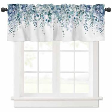 Imagem de Cortina curta de folhas de eucalipto azul-petróleo, cortinas curtas, folhas de eucalipto azul primavera verde tratamento de janela para cozinha, cortina de bolso de haste de folha de campo para