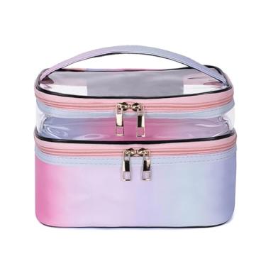 Imagem de FITINI Bolsas de maquiagem de camada dupla para armazenamento de cosméticos organizadores de maquiagem sacos de higiene pessoal resistentes à água para mulheres bolsa de pincel de maquiagem, Roxo