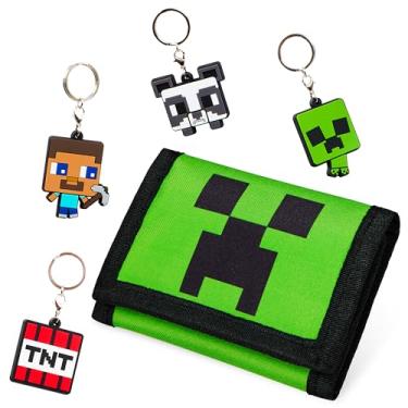 Imagem de Minecraft Carteiras infantis com compartimentos para cartões, bolso com zíper para moedas, chaveiros Creeper - Conjunto de presente de jogos para meninos, Verde, One Size, Moderno