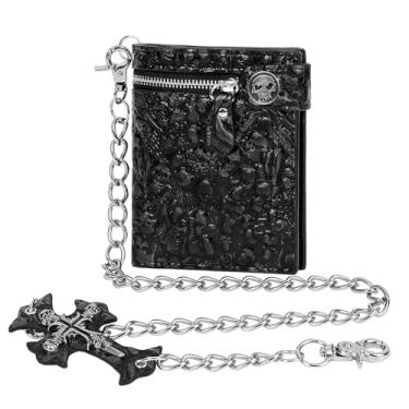 Imagem de Girinme Carteira de corrente longa de couro crânio gótico punk dobrável acessórios góticos de Halloween, unissex, Preto meia-noite, Standard Size, Preto
