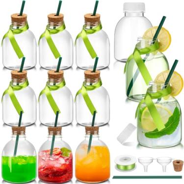 Imagem de Vesici 12 garrafas de plástico de 290 ml com cortiça e canudo garrafas de suco vazias para bebidas reutilizáveis mini garrafas de licor com etiquetas de fita de seda e cordas para decoração