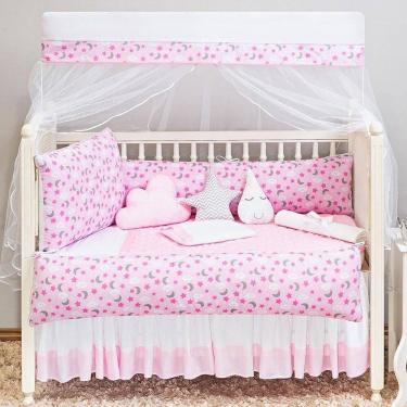 Imagem de Kit Berço Menina Lua Rosa Proteção 2 Lados 8 Peças
