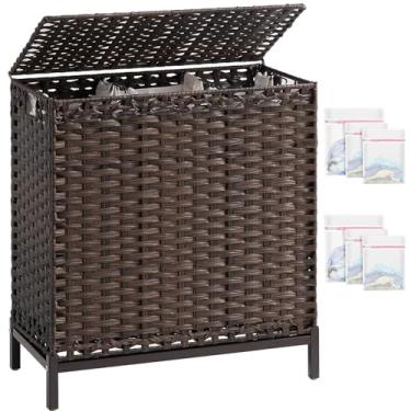 Imagem de SETVSON Cesto de lavanderia com tampa 132 L, cesto de roupas com tampa, cesto de roupa de vime tecido à mão com pés elevados de metal, cestos de lavanderia com 3 sacos de forro removíveis para