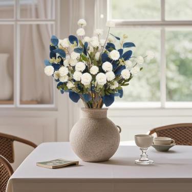 Imagem de Flores falsas para mães + folha de eucalipto em vaso flores artificiais 53 cm de haste longa para decoração de quarto flores de seda mini arranjos florais de crisântemo (branco)