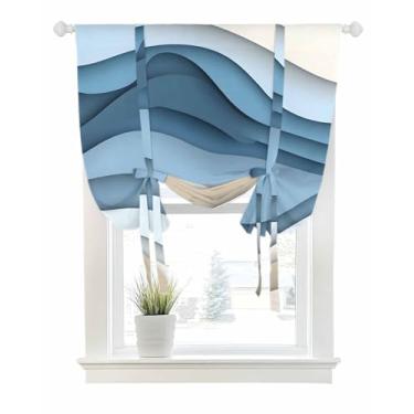 Imagem de Cortinas de amarrar para janelas abstratas ombré azul marrom oceano ondulado água ondulado haste bolso amarração janela persiana balão ajustável cortina saia gradiente linhas para cozinha banheiro