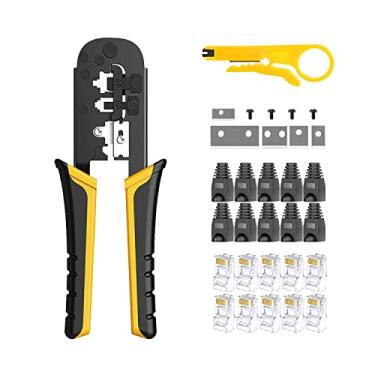 Imagem de LEATBUY Cat5e/CAT6/CAT6 RJ45 EZ kit de ferramentas de crimpagem com testador, ferramenta de reparo de manutenção de computador de rede, conectores de passagem de 50 conectores e botas de alívio de tensão de 50 cabos (rosa vermelho)