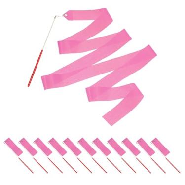 Imagem de PATIKIL Fitas de dança, pacote com 14, serpentinas de dança de ginástica de 192 cm com varinha antiderrapante para presentes, dança, shows de talentos, bastão girando, rosa