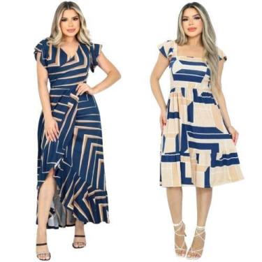 Imagem de Kit 2 Vestido Feminino Longo/Midi Manga Evasê Babado Barra Malha Visco