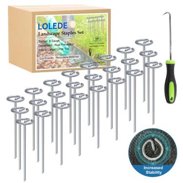Imagem de LOLEDE Conjunto de pinos de jardim - conjunto de grampos de paisagem galvanizados de calibre 8 de 15 cm, estacas de metal resistentes antiferrugem para barreira de ervas daninhas, bordas de gramado e