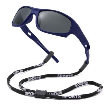 Imagem de Pro Acme Óculos de sol infantis para meninos e meninas, óculos de sol polarizados esportivos juvenis com alça para crianças de 3 a 12 anos, Armação azul escuro C5 | Lente preta, M