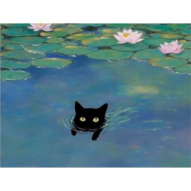 Imagem de MaiYiYi Kits de pintura de diamante Monet Water Lily 5D Full Round Diamond Art Black Cat Swimming Cat Diamond Painting by Numbers Water Lily Painting with Diamonds for Adult Home Decor (40 X 30 cm)