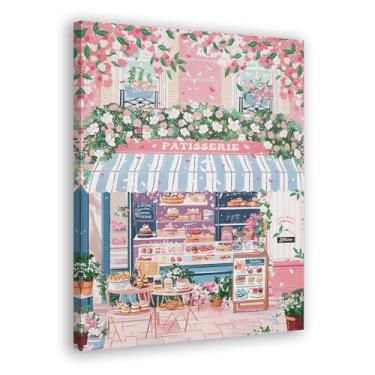 Imagem de FITIE Pôster de arte de parede em tela de pastelaria parisiense vintage, padaria francesa, rosa, impressão de arte emoldurada, decoração de parede para cozinha, sala de jantar, café, restaurante, 28 x
