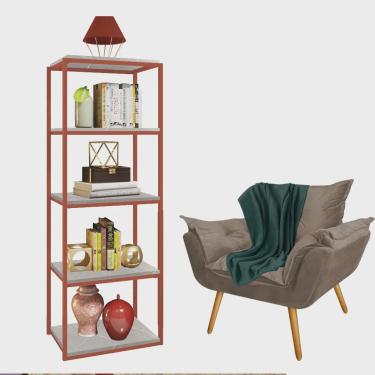 Imagem de Kit Poltrona Fatte com Manta Soft Verde e Estante Livreiro Ferro Bronze mdf Marmorizado Cinza Suede Bege - Ahazzo Móveis