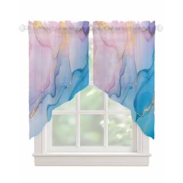 Imagem de Cortinas de saia semitransparentes de mármore rosa azul para janelas, abstrata, arte moderna, semitransparente, ondas, voile, swags para cozinha, sala de estar, quarto, 2 painéis, 91 x 91 cm