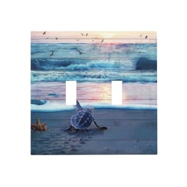 Imagem de Nautical Sea Beach Navy Blue Turtle Seashells Starfish Ocean Coastal Seascape Marine Decorative 2-Gang Double Toggle Outlet Light Switch Placa de Parede Receptáculo Elétrico Tampa da Placa Frontal