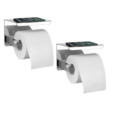 Imagem de Suporte Papel Higienico Inox Kit 2 unidades Banheiro Lavabo Prateleira