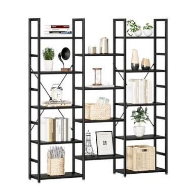 Imagem de NUMENN Estante de livros de coluna tripla de 5 camadas, estante com 14 prateleiras abertas, prateleiras ajustáveis de estilo industrial rústico, estantes modernas para quarto, sala de estar e