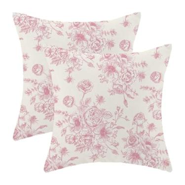 Imagem de Chinoiserie Capas de travesseiro florais 40,6 x 40,6 cm Conjunto de 2 almofadas vintage flores rosa primavera decoração ao ar livre fronhas de linho capas de almofada para cama sofá sofá