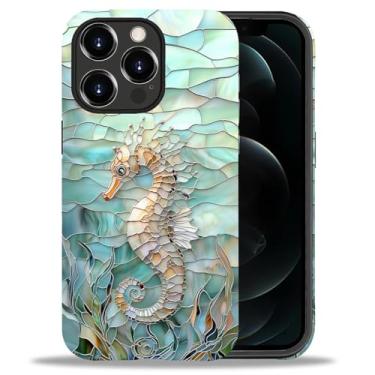 Imagem de Punmada Capa para iPhone 12/12 Pro, capa híbrida rígida à prova de choque de silicone à prova de choque para iPhone 12/12 Pro, vidro submarino 3D, estampa de cavalo-marinho