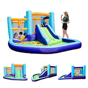 Imagem de AirMyFun Casa De Salto Inflável, Segurança E Escorregador Com Ventilador De Ar, Casinha De Brincar Com Piscina De Bolinhas, Escorregador Infantil Inflável, Castelo De Salto Com Bolsa De Transporte, Az