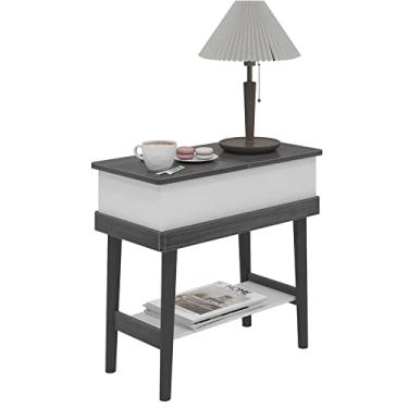 Imagem de soges Mesa de canto de madeira cinza ao lado do sofá, mesa lateral com placa superior flip de 180° e prateleira aberta, mesa de sofá para sala de estar, quarto