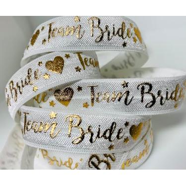 Imagem de Elástico dobrável – branco com folha dourada estampada – 1,5 cm de largura – rolo de 10 metros – Ótimo para laços de cabelo de noiva, lembrancinhas de chá de panela, embrulho de presente de despedida